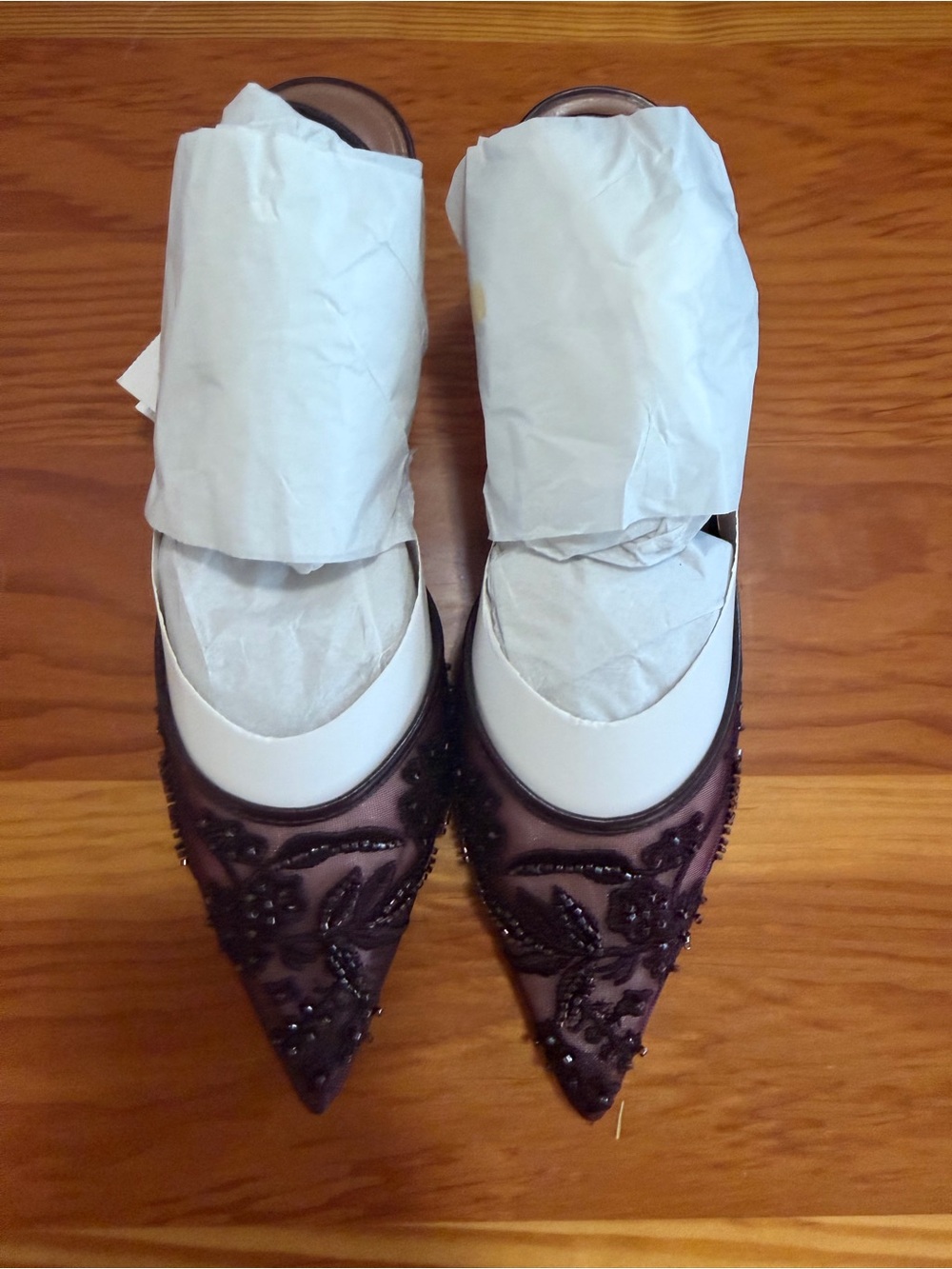 Zara Beaded Pointed Mules in Deep Plum and White